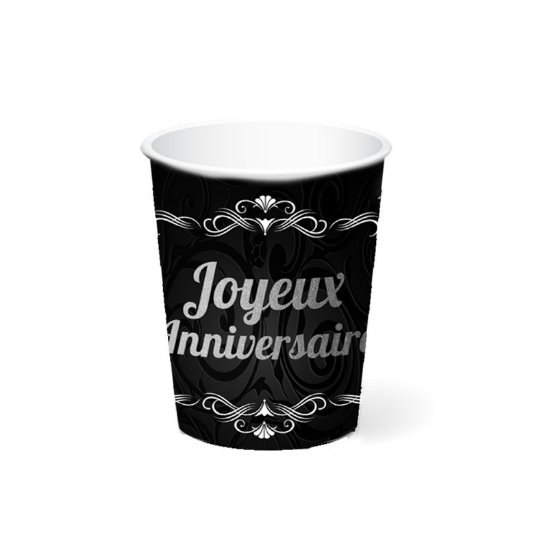 Gobelets Carton Noir Et Argent Joyeux Anniversaire 25 Cl X 6